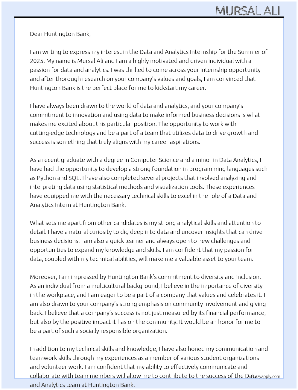 Data and Analytics Internship Summer 2025 At Huntington Bank Cover Letter