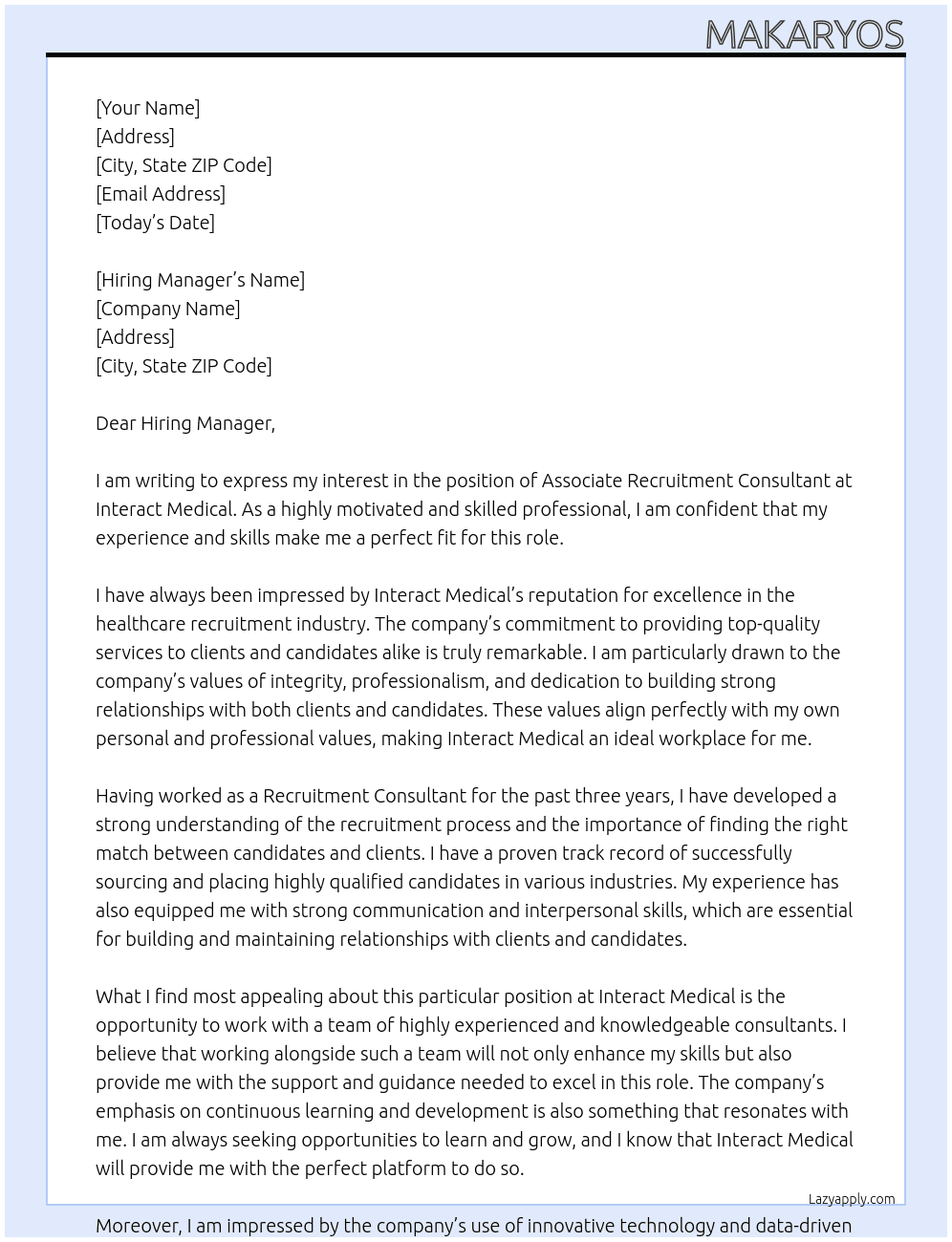 Associate Recruitment Consultant  At Interact Medical  Cover Letter