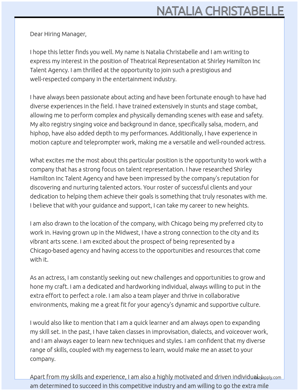 theatrical representation At Shirley Hamilton Inc Talent Agency Cover Letter
