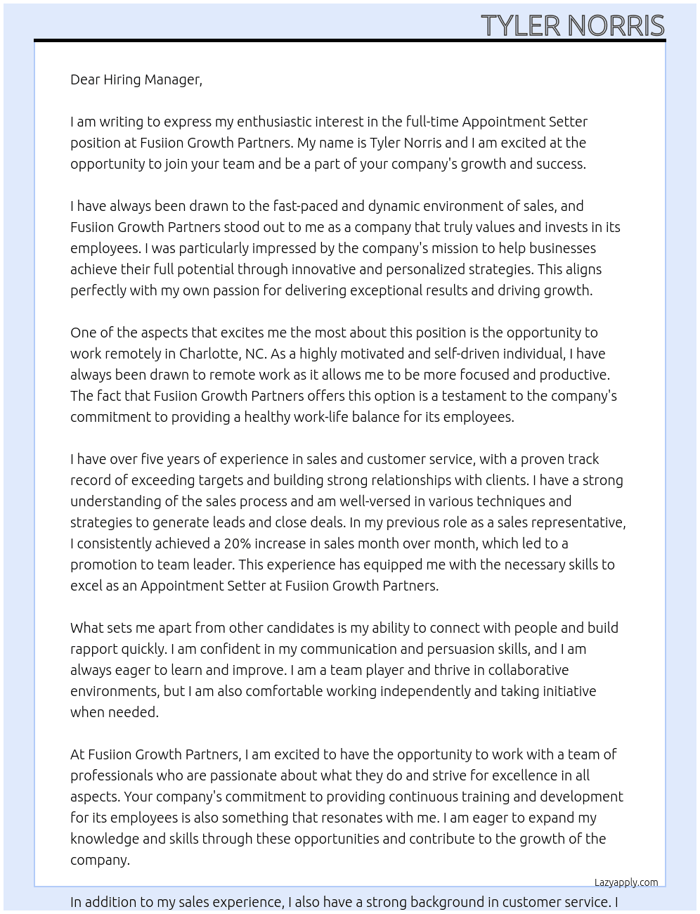 Appointment Setter At Fusiion Growth Partners Cover Letter