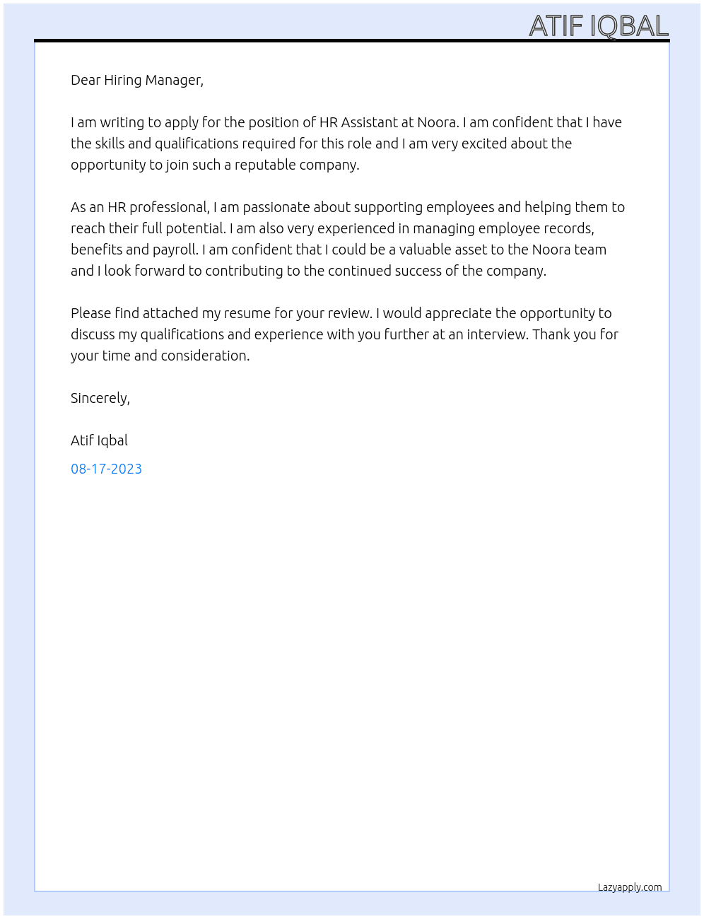 HR Assistant  At Noora Cover Letter