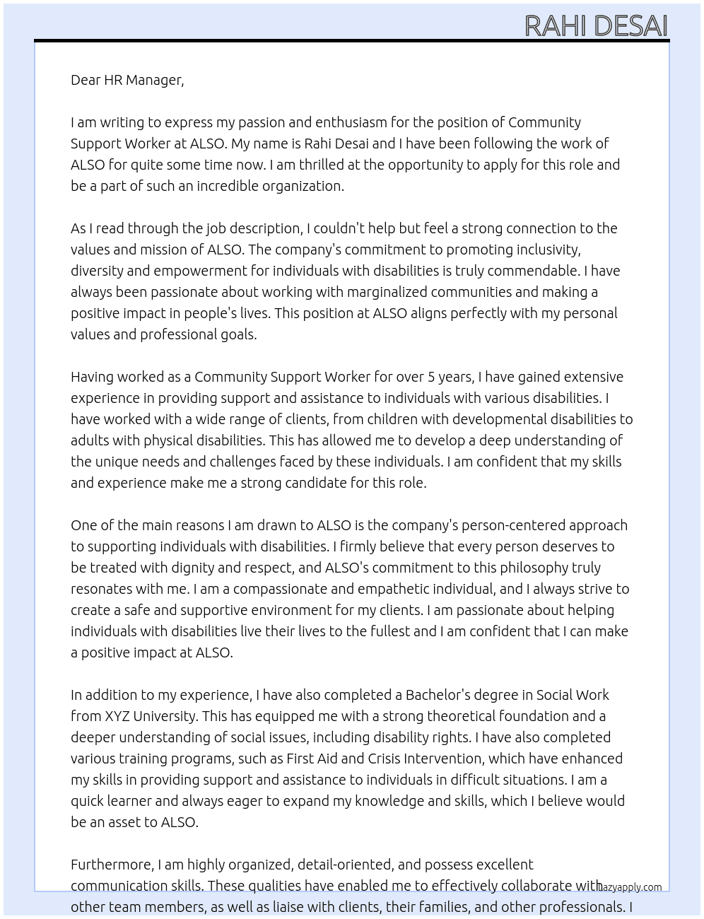 Community Support Worker At ALSO Cover Letter