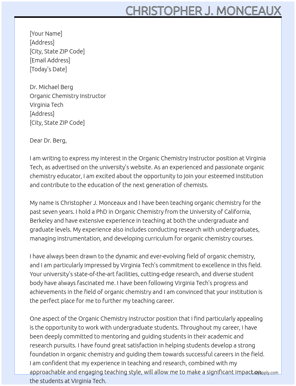 Organic Chemistry Instructor At Virginia Tech Cover Letter