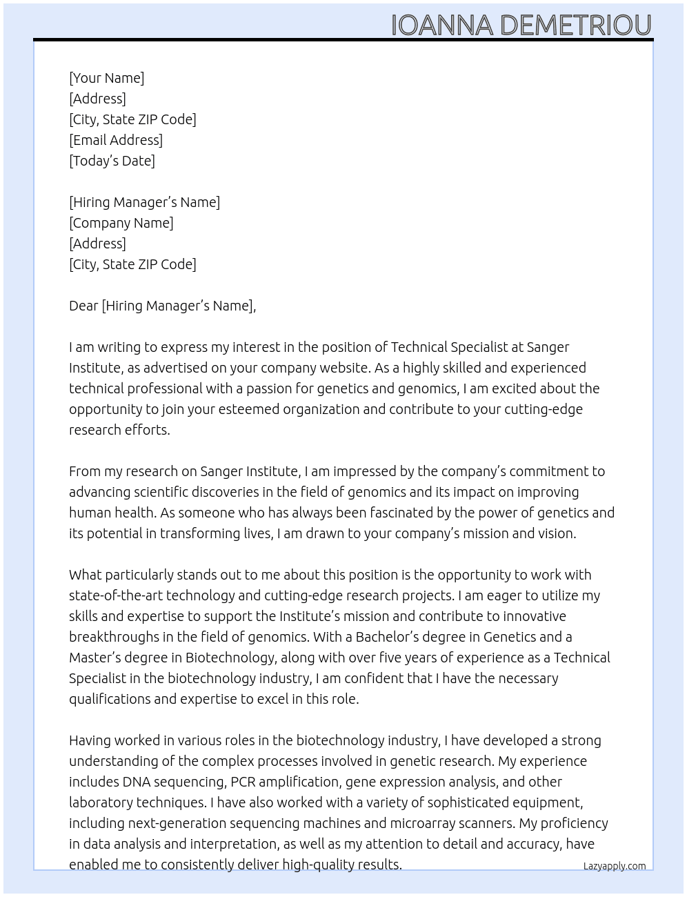 technical specialist At Sanger institute Cover Letter