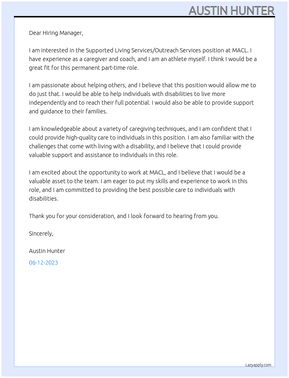 Supported Living Services/Outreach Services At MACL Cover Letter