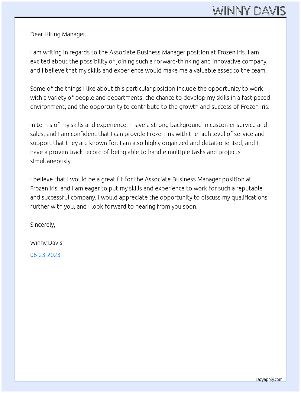 Associate Business Manager At Frozen Iris Cover Letter