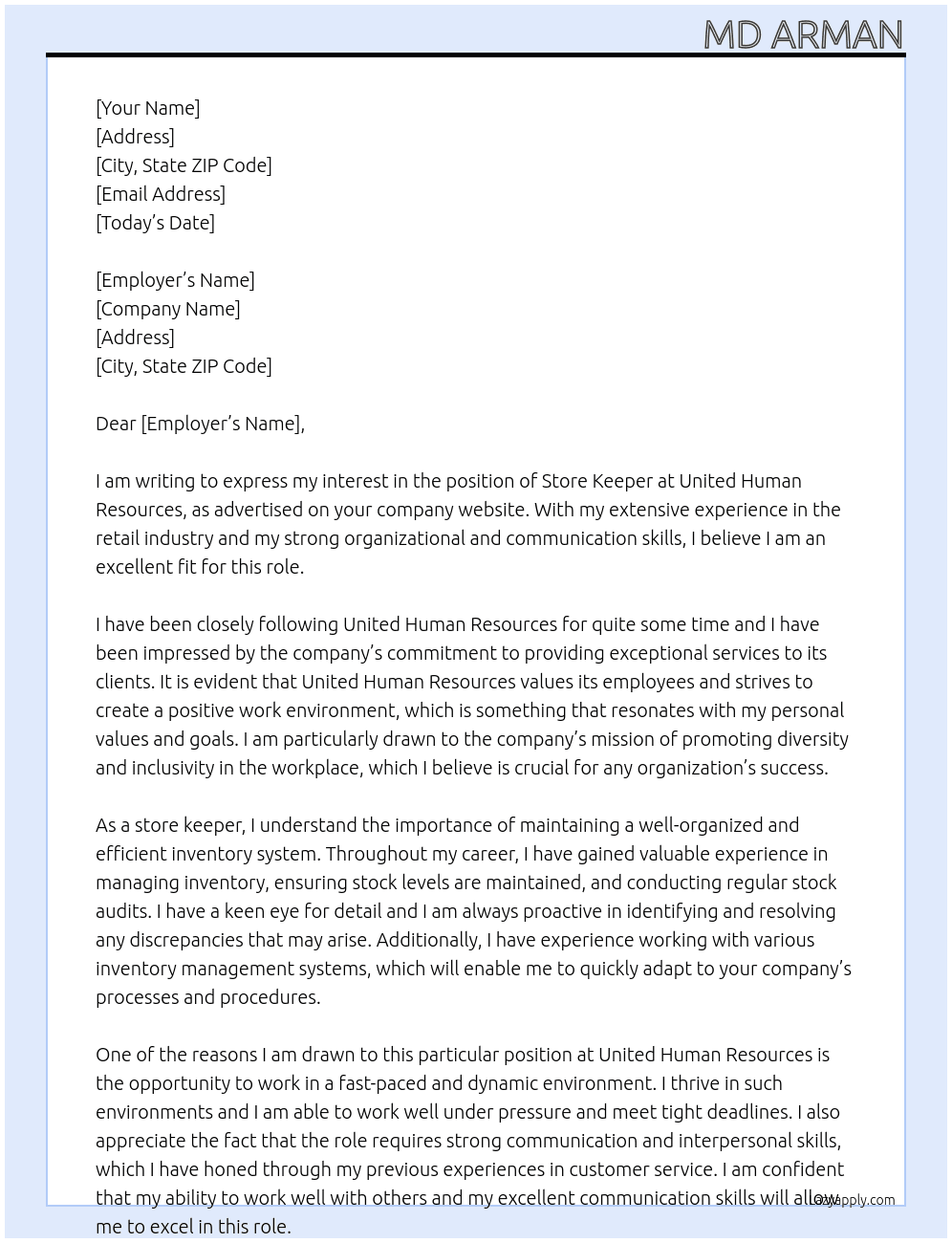 For store keeper  At United human resources  Cover Letter