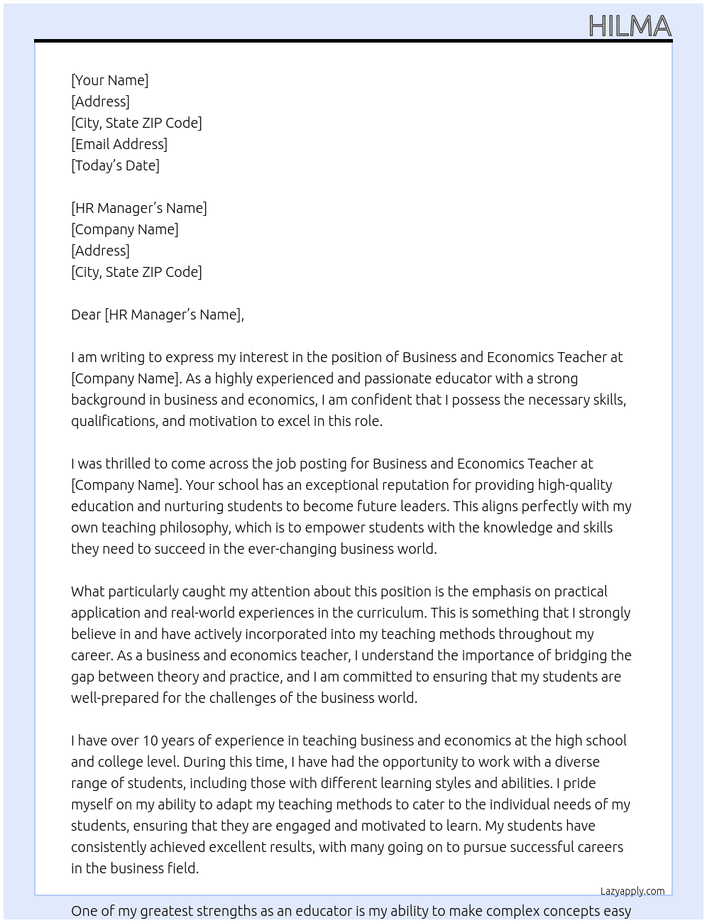Business and Economics  teacher  At International school Cover Letter