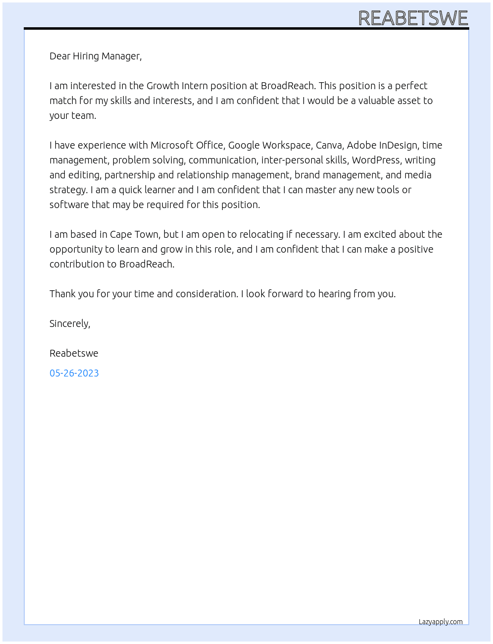Growth Intern At BroadReach Cover Letter