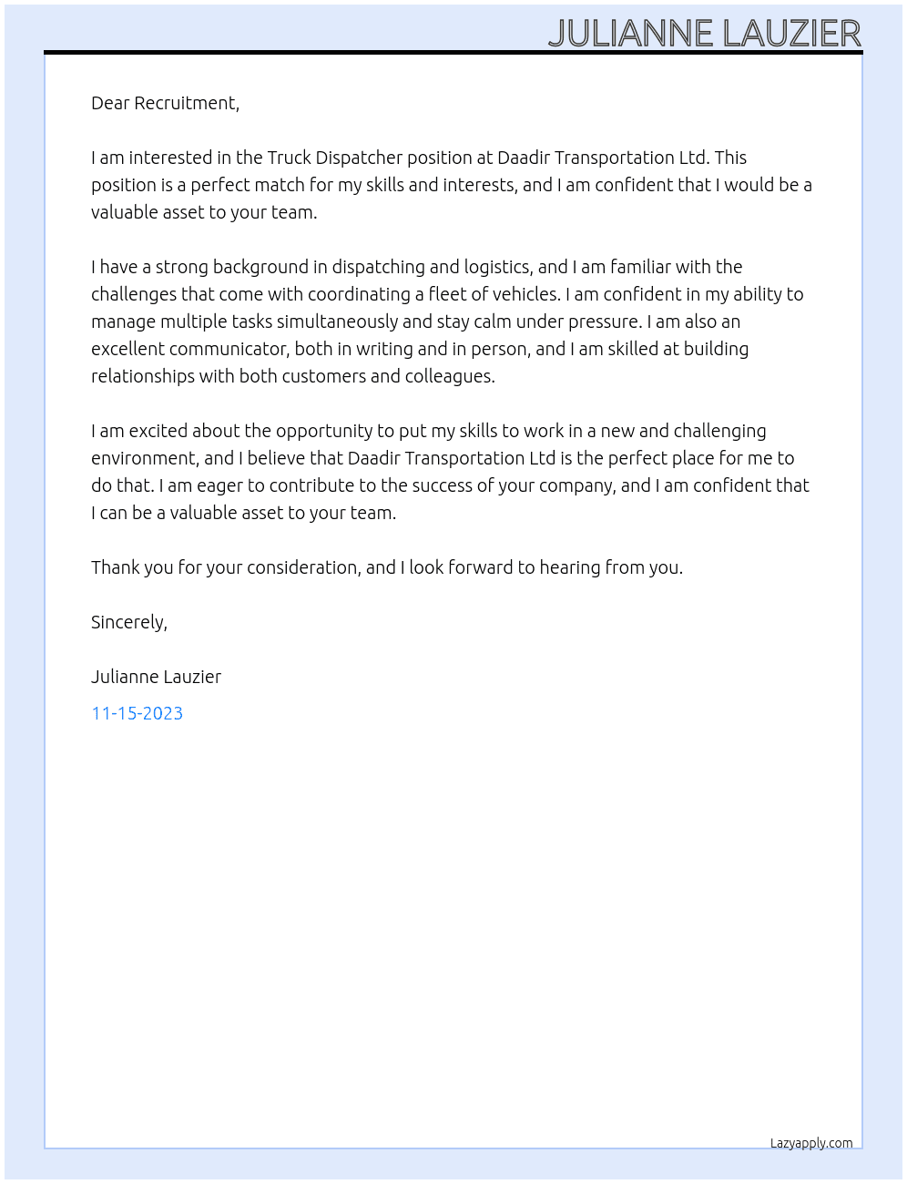 Truck Dispatcher At Daadir Transportation Ltd Cover Letter