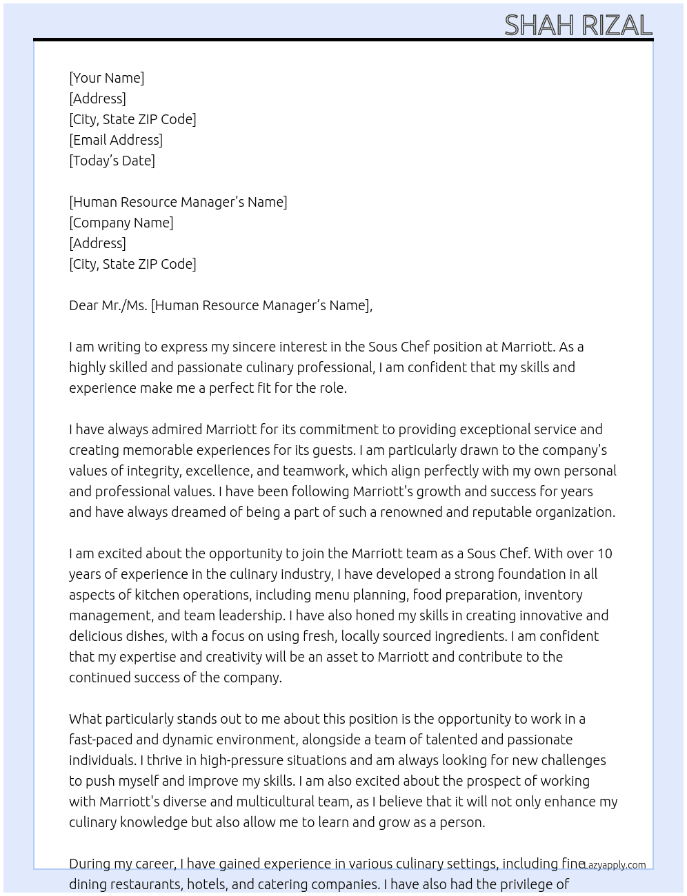 Sous Chef  At Marriott Cover Letter