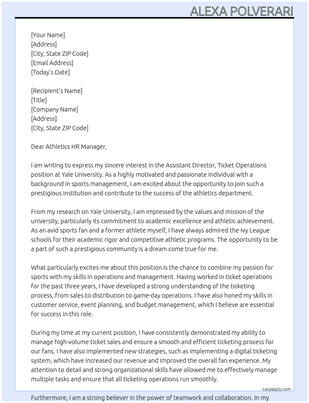 Assistant Director, Ticket Operations At Yale University Cover Letter