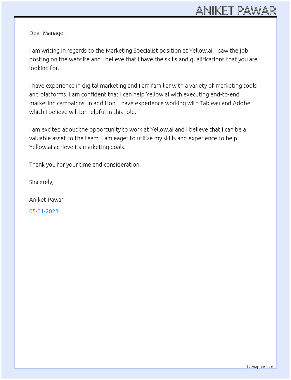 Marketing Specialist At Yellow.ai Cover Letter
