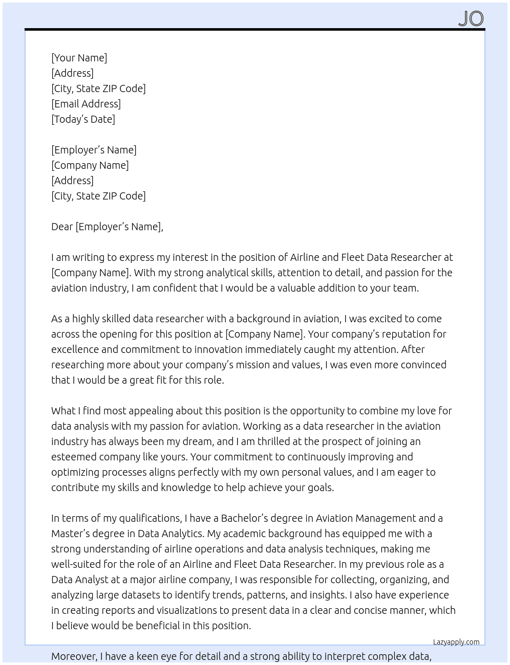 airline and fleet data researcher At aviation Cover Letter