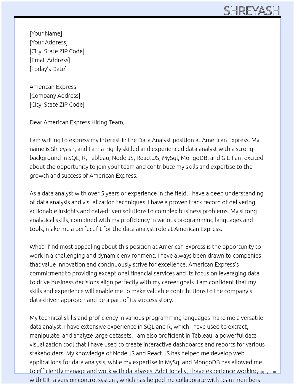 data analyst At Sonawane Cover Letter