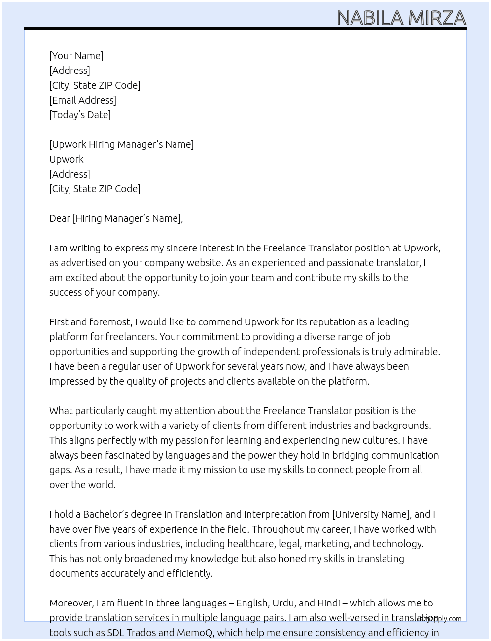 freelancing At upwork Cover Letter