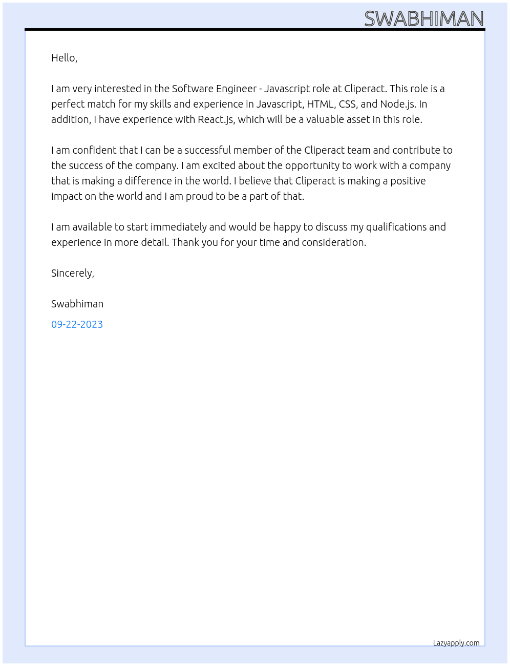 Software Engineer - Javascript At Cliperact Cover Letter