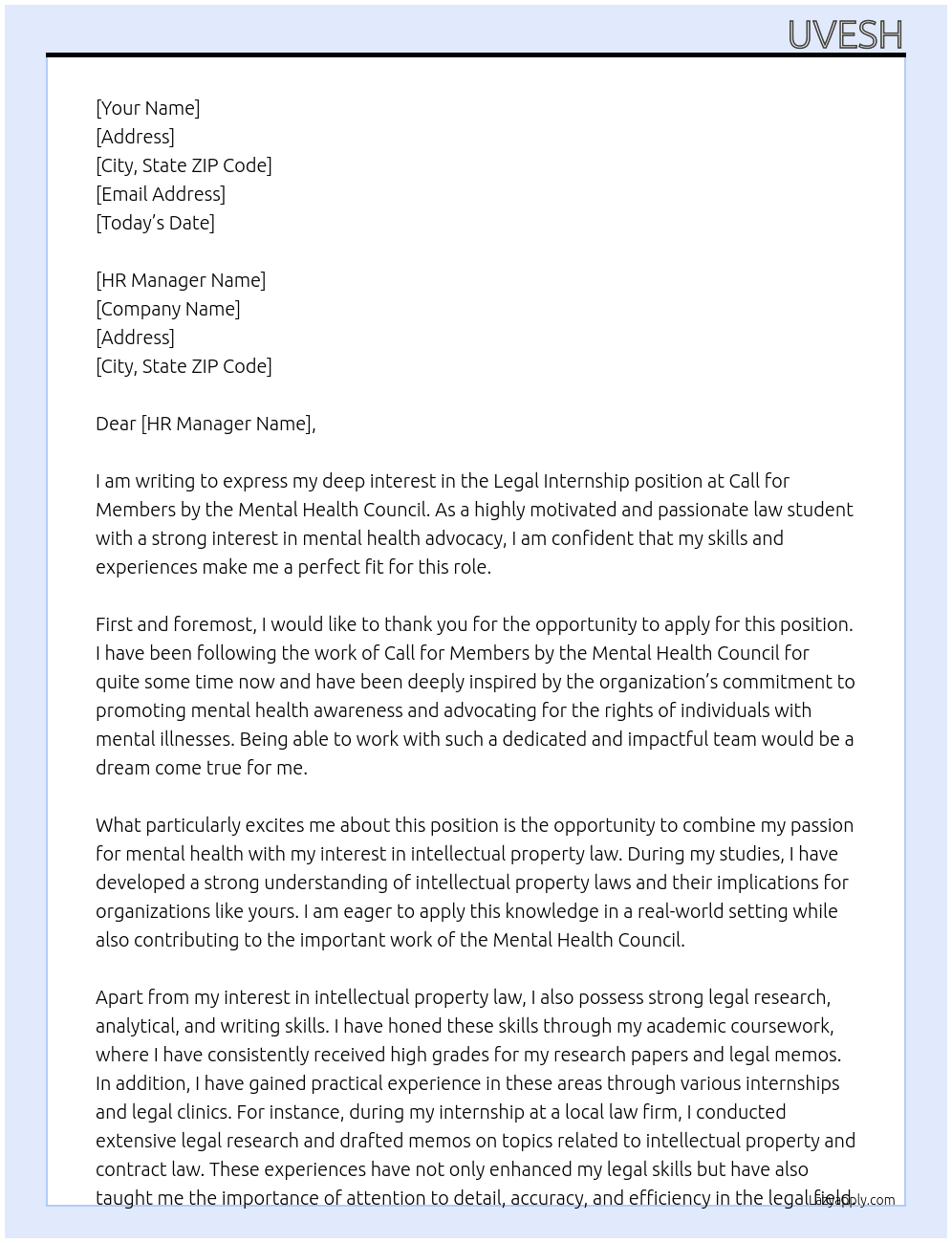 Legal intern At Call for Members by the Mental Health council Cover Letter