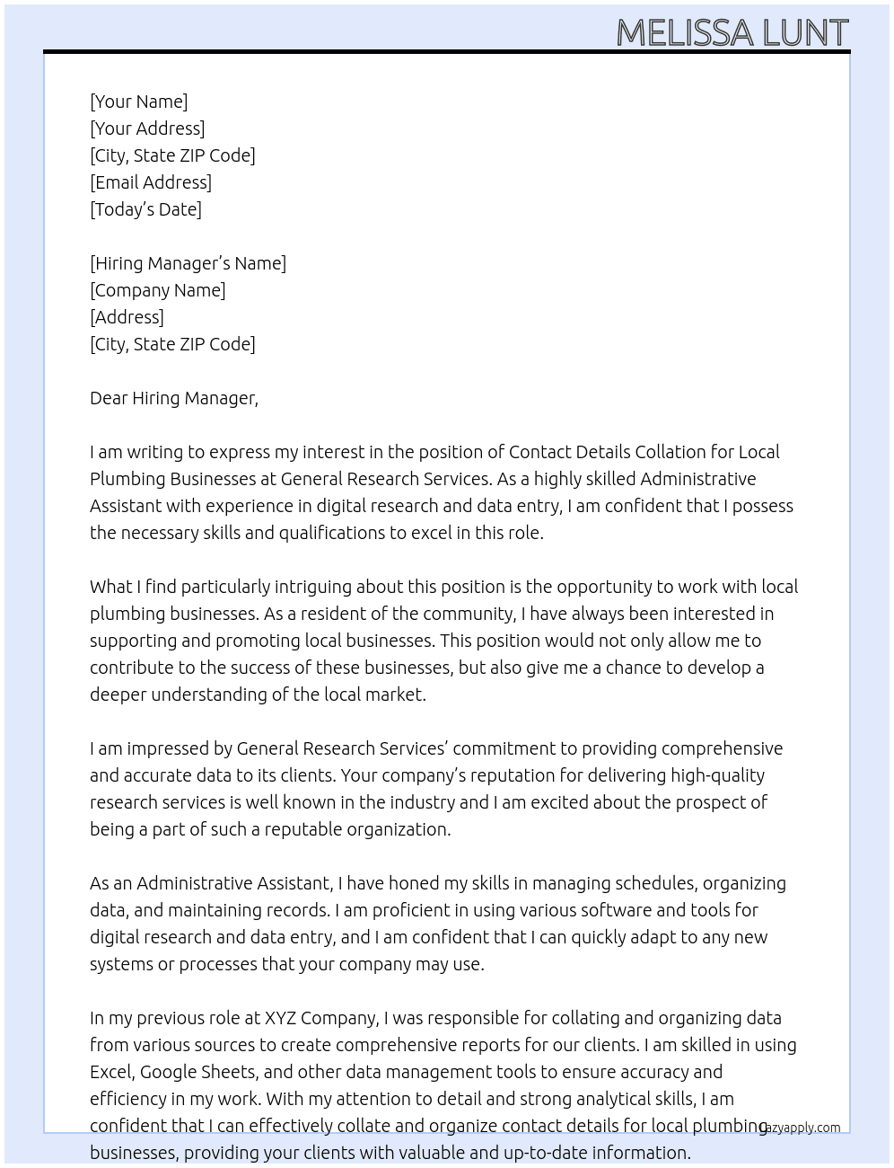 Contact Details Collation for Local Plumbing Businesses At General research Services  Cover Letter