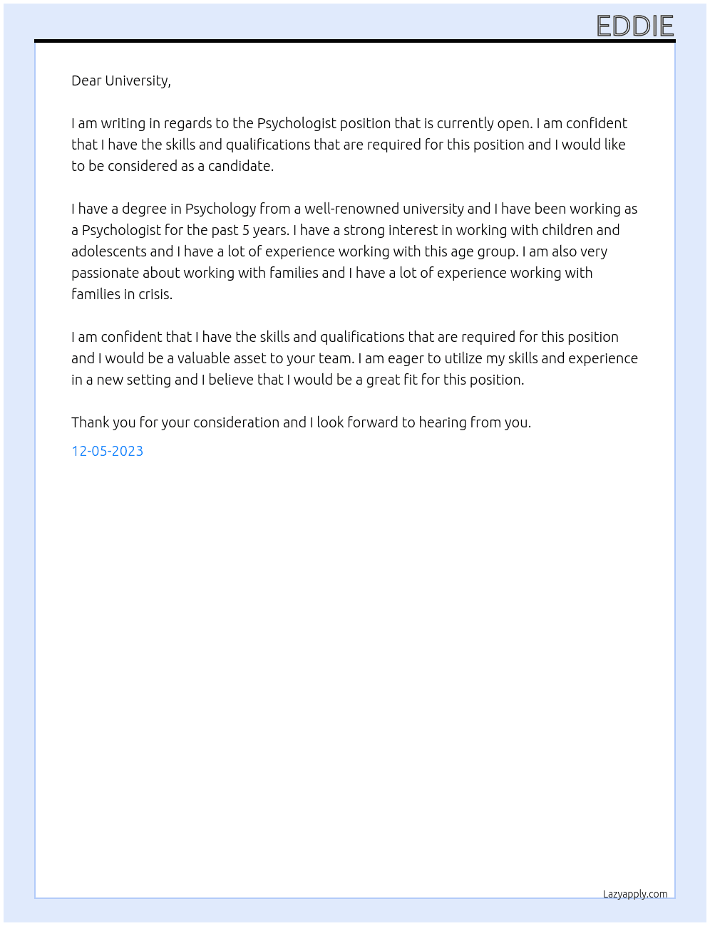 Psychologist At University Cover Letter