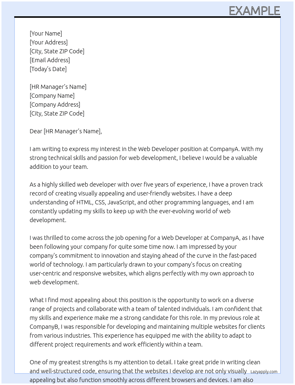 web developer At companyA Cover Letter