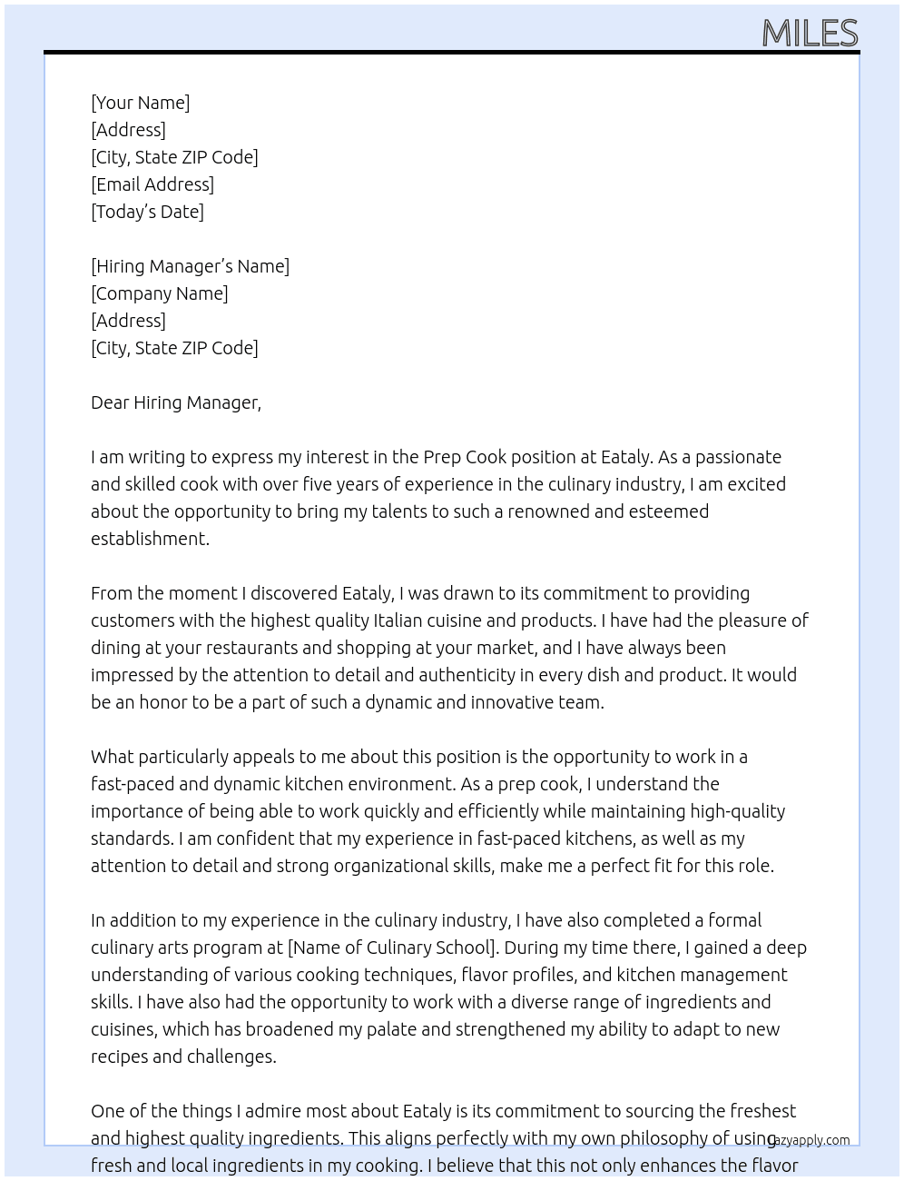 Prep Cook At Eataly Cover Letter