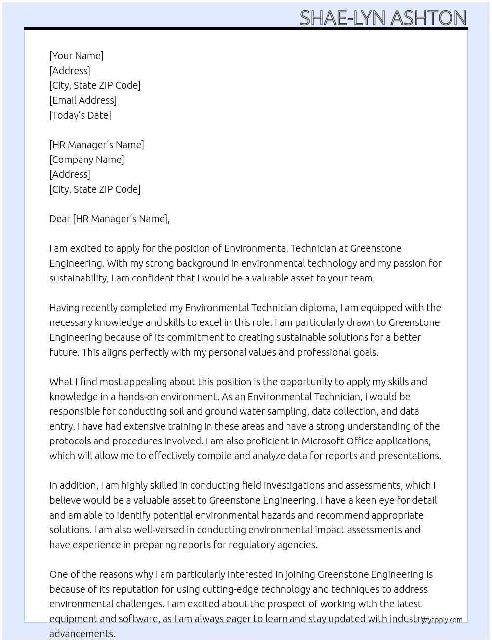 Environmental Technician  At Greenstone Engineering  Cover Letter