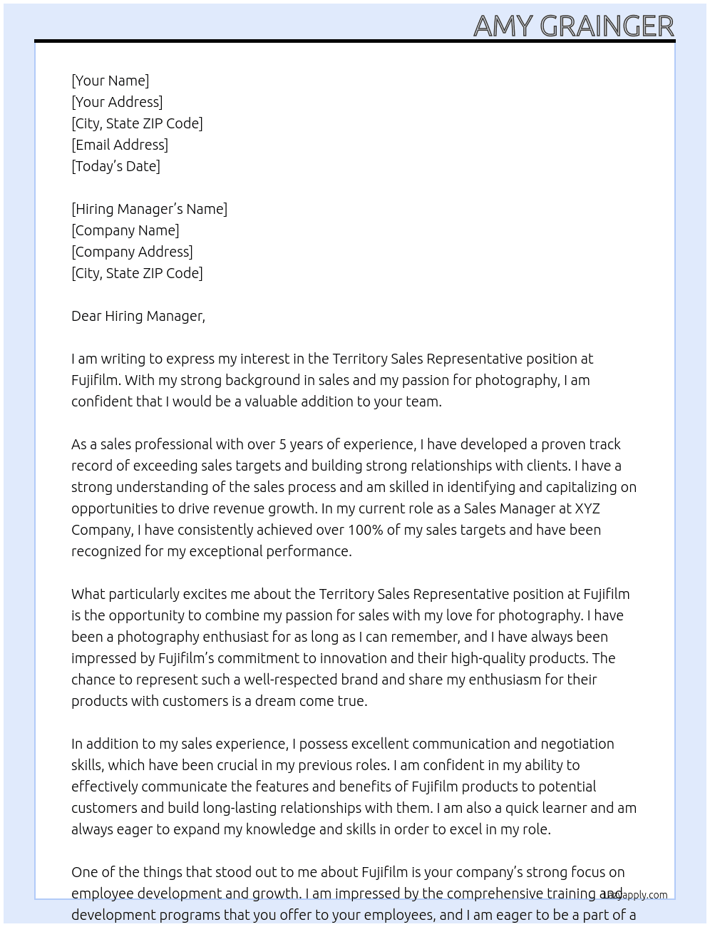 Territory Sales Representative At Fujifilm Cover Letter