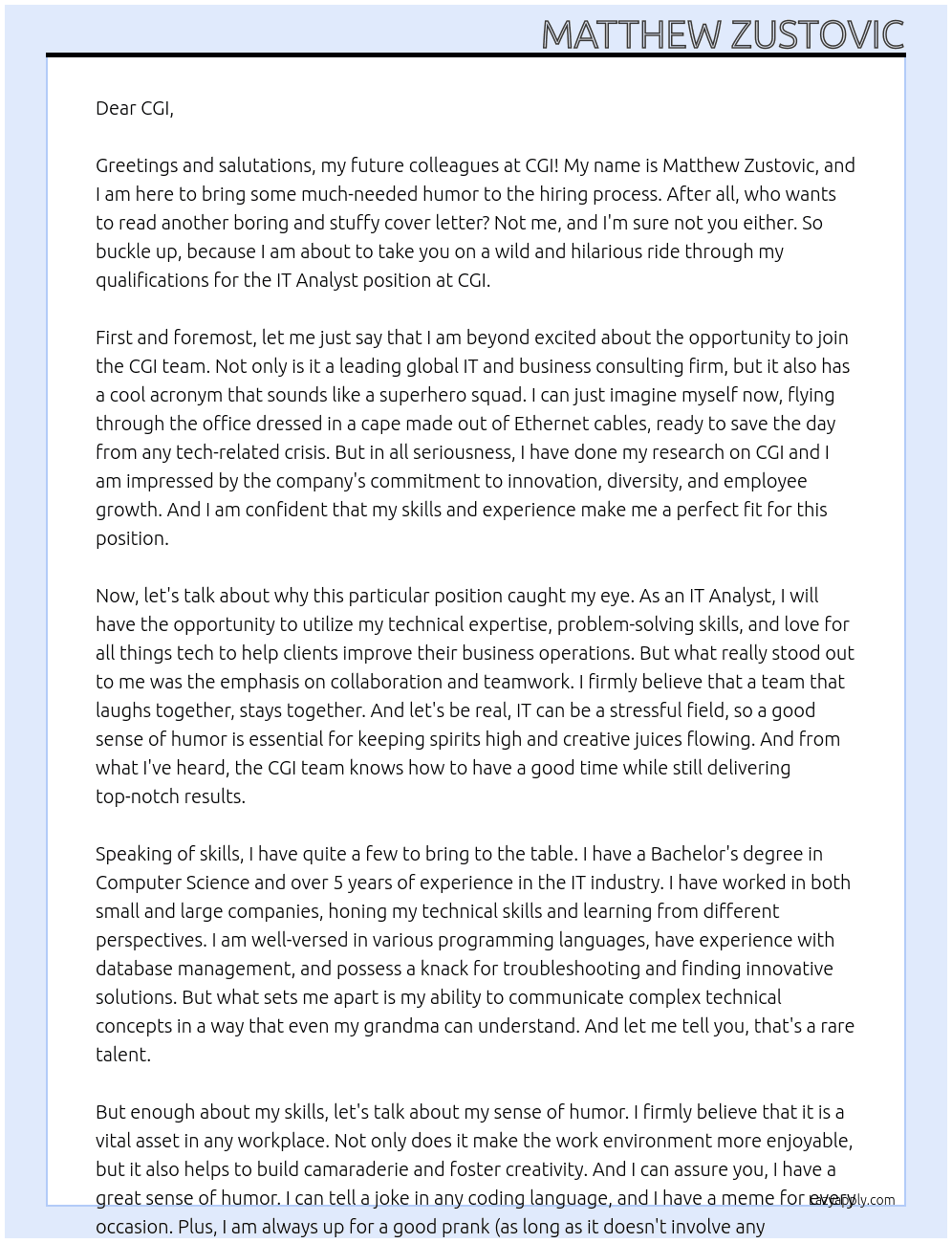 IT Analyst At CGI Cover Letter