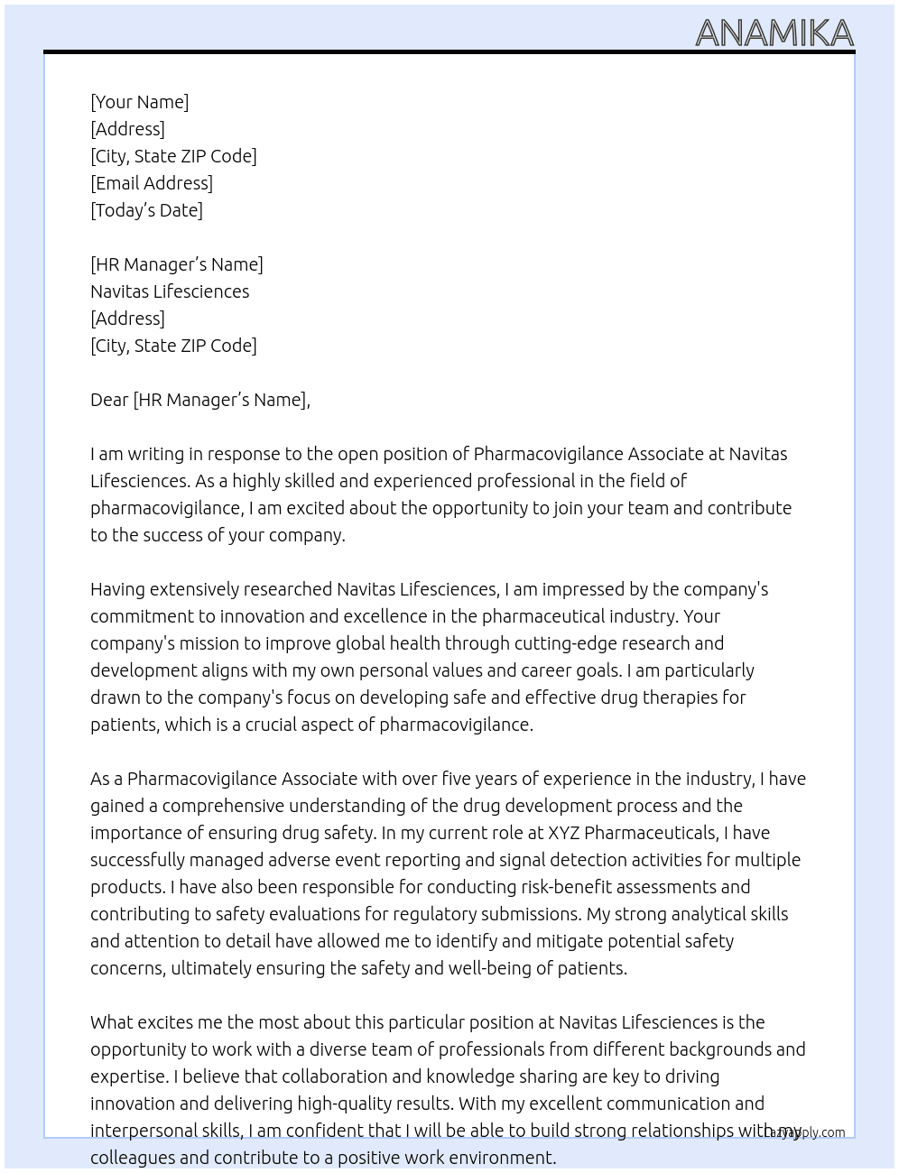 pharmacivigilance associate At navitas lifesciences Cover Letter