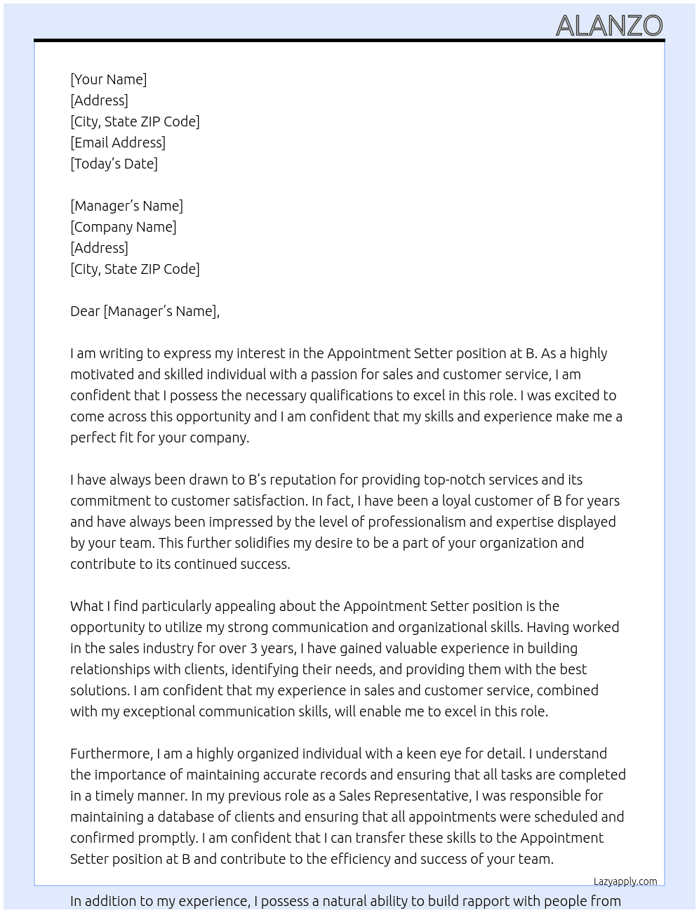 Appointment Setter At B Cover Letter