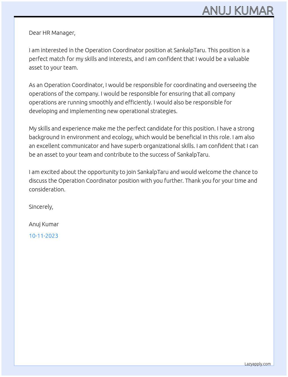 Operation Coordinator At SankalpTaru Cover Letter