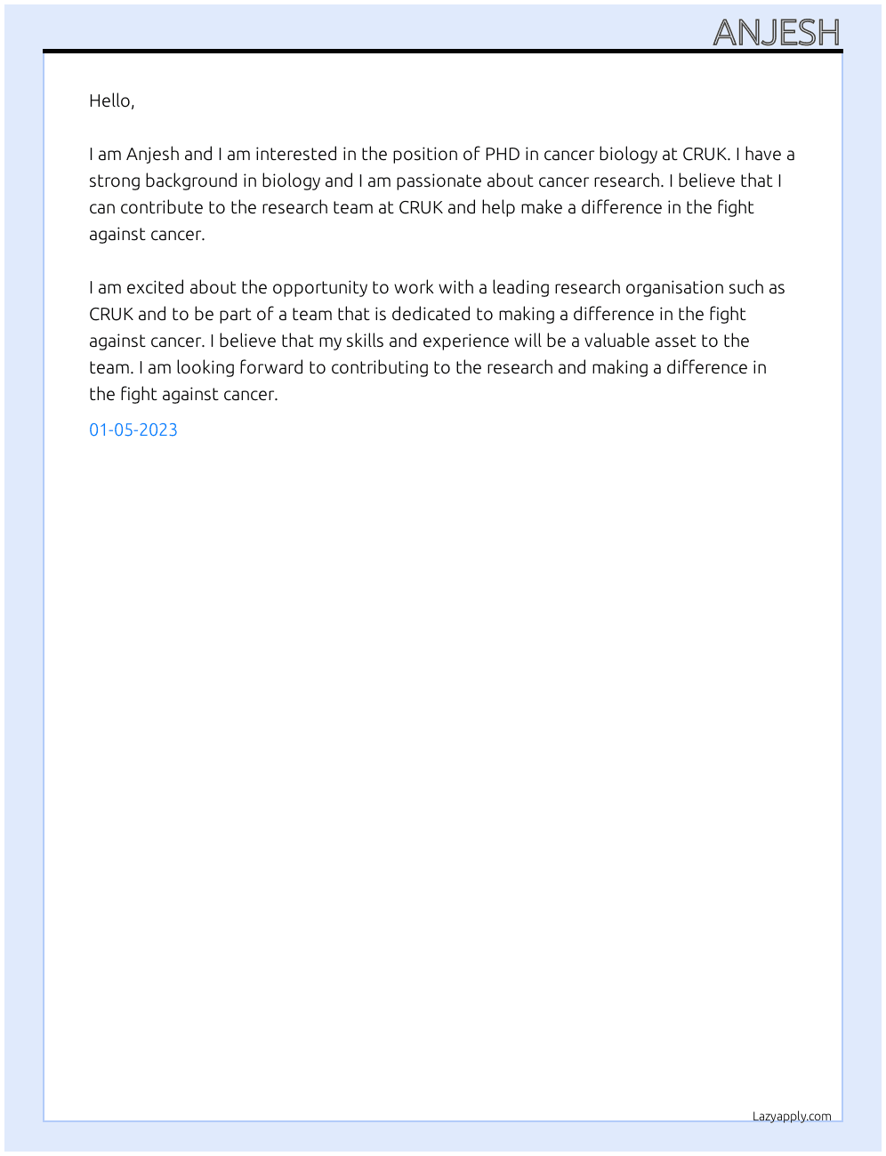 PHD in cancer biology At CRUK Cover Letter