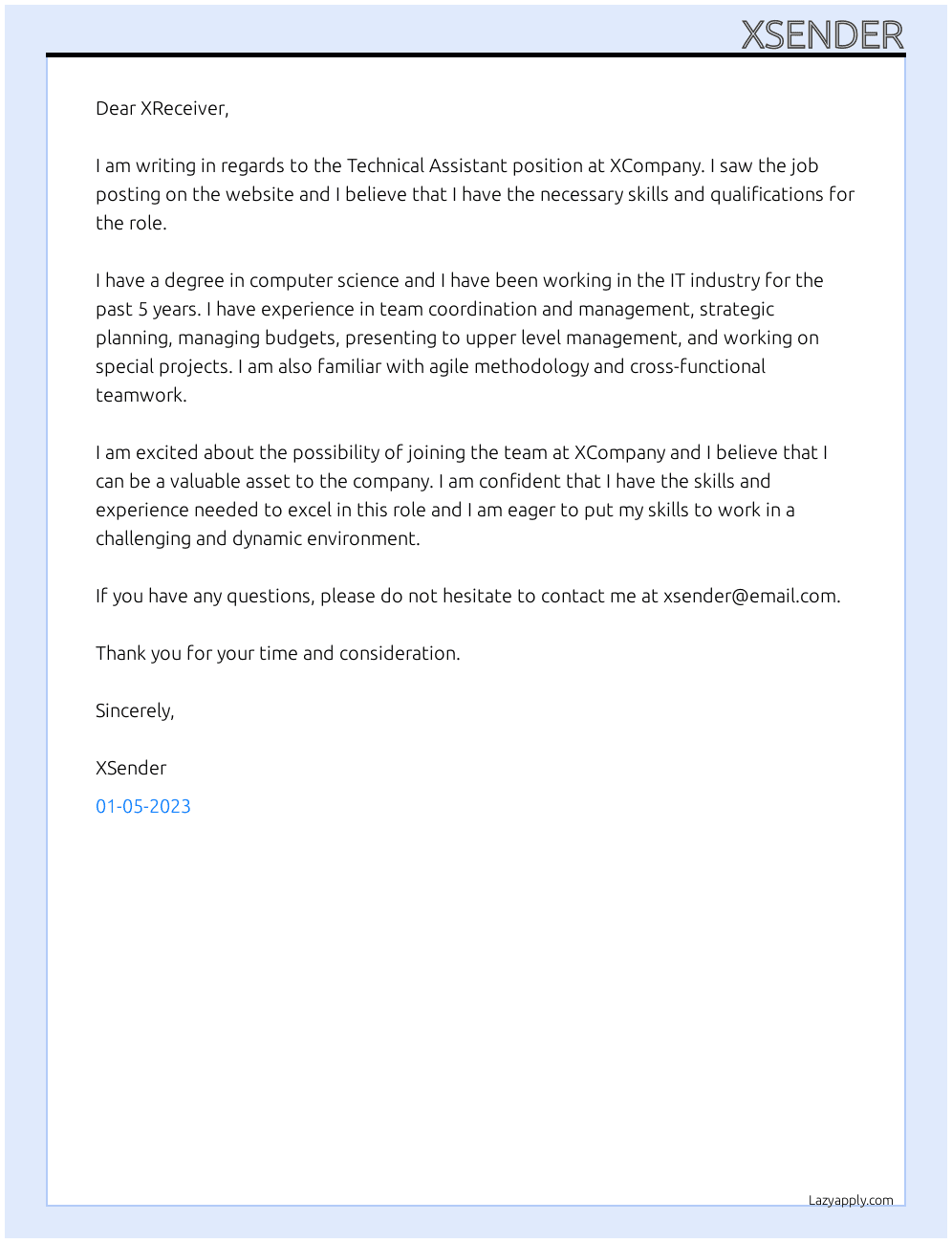 Technical Assistant At XCompany Cover Letter