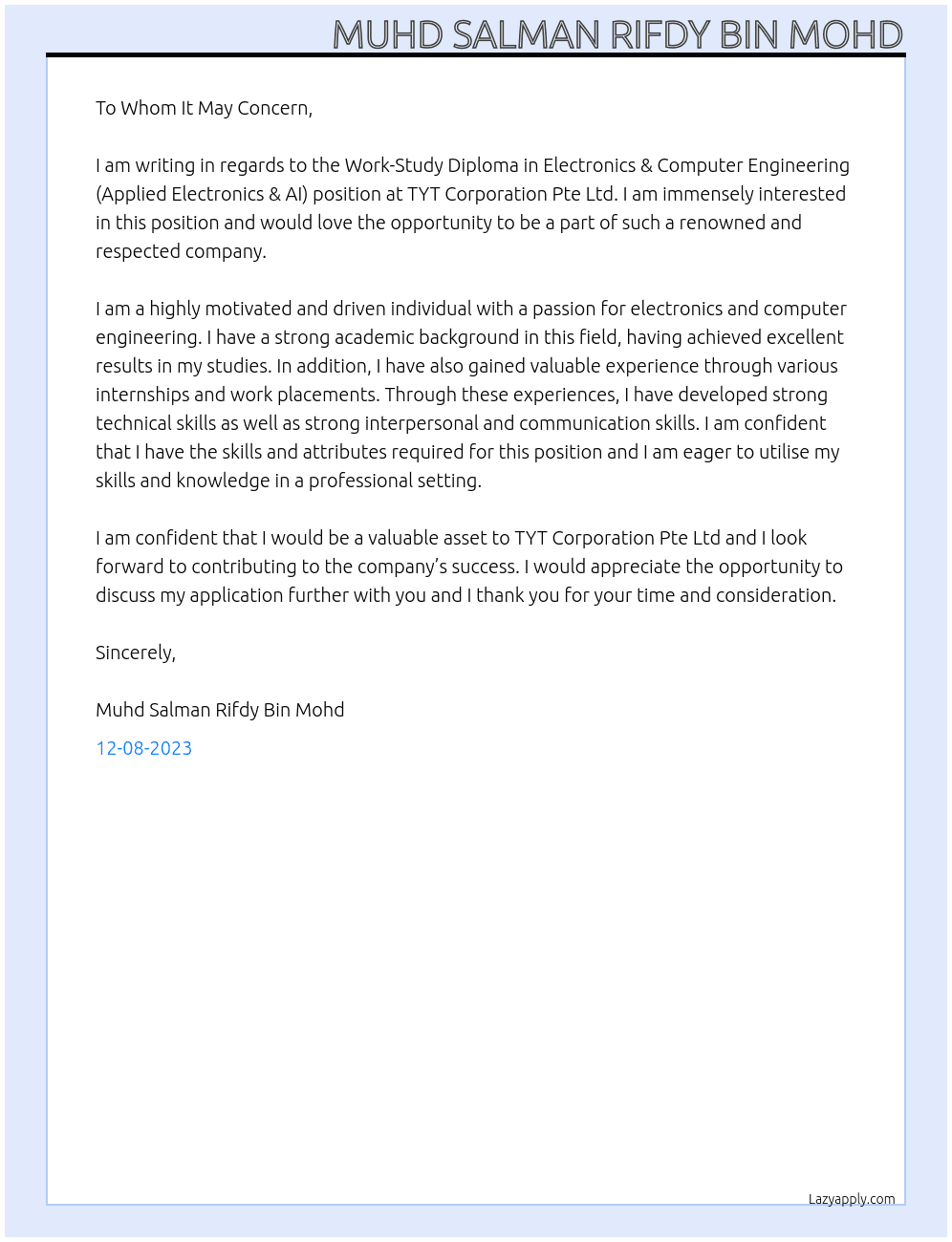 Work-Study Diploma in Electronics & Computer Engineering (Applied Electronics & AI) At TYT Corporation Pte Ltd Cover Letter