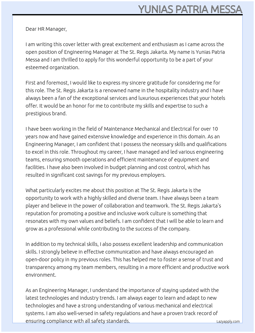 Engineering Manager At The St. Regis Jakarta Cover Letter