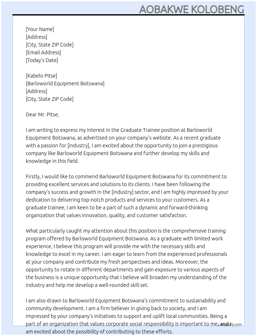 Graduate Trainee At Barloworld Equipment Botswana Cover Letter