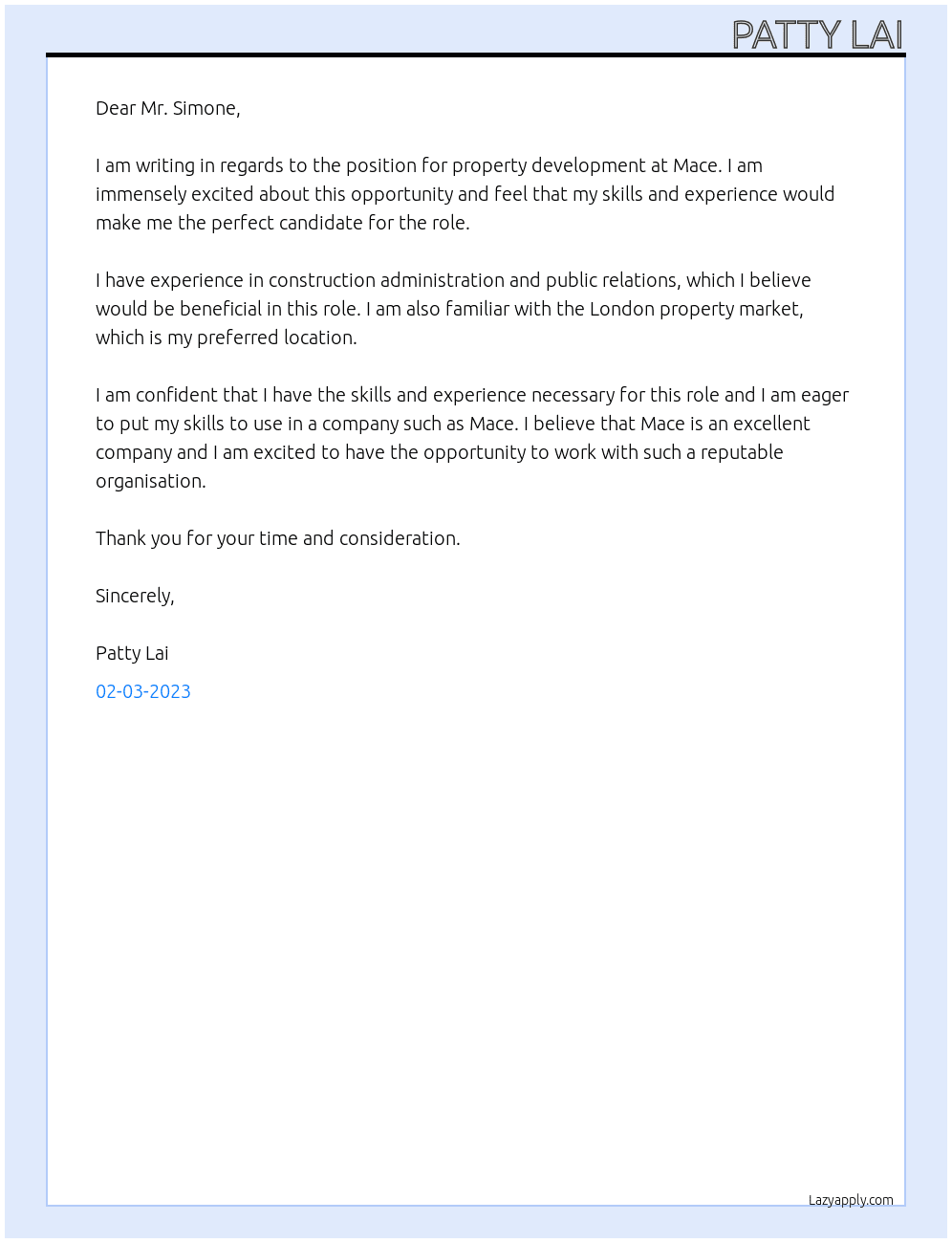 property development At Mace Cover Letter