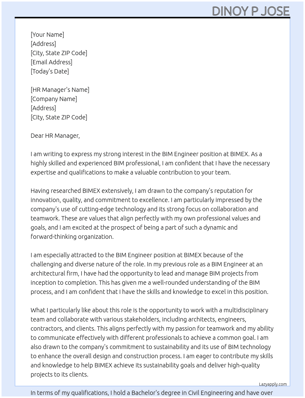 BIM ENGINEER At BIMEX Cover Letter