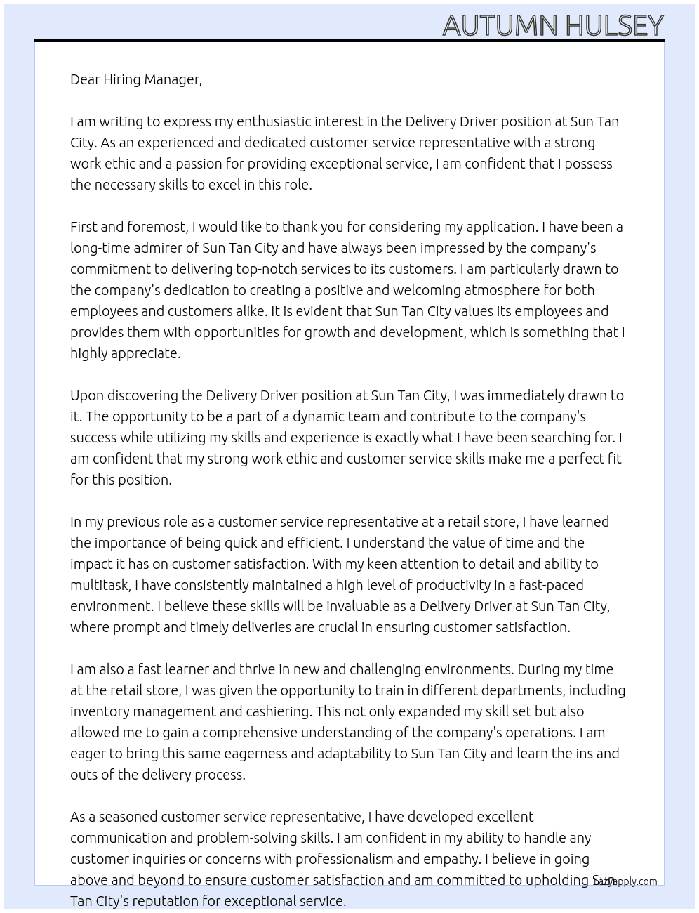 Delivery Driver At Sun Tan City Cover Letter
