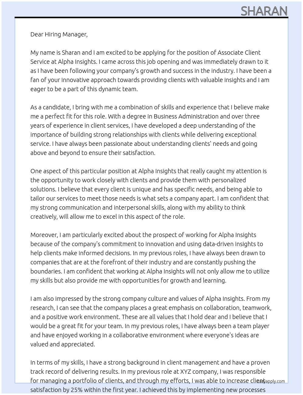 Associate Client service At Alpha Insights Cover Letter