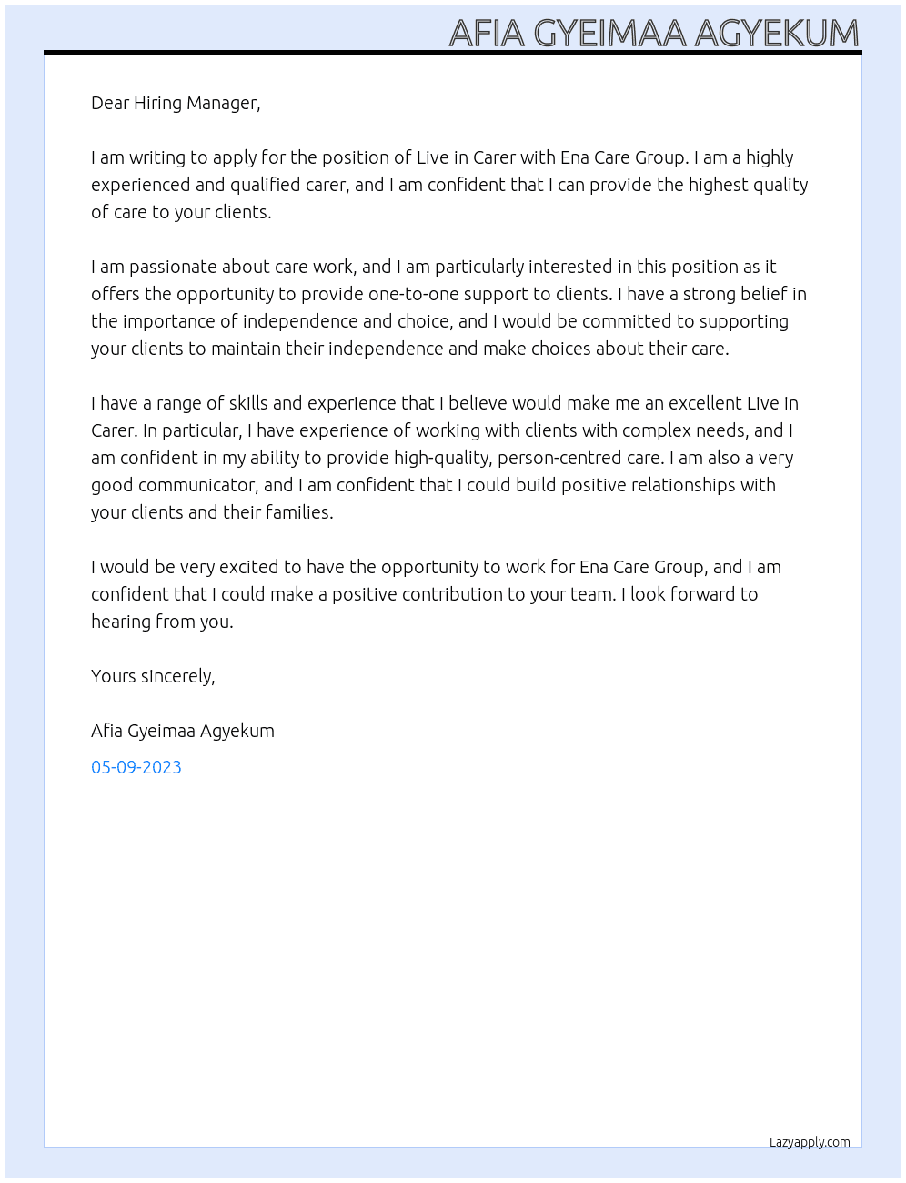 Live in Care At Ena Care Group Cover Letter
