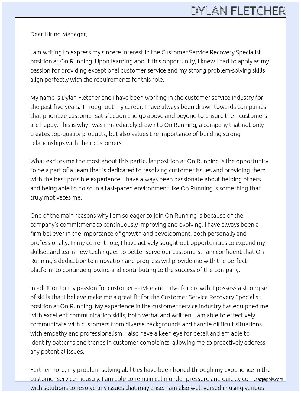 Customer Service Recovery Specialist At On Running Cover Letter