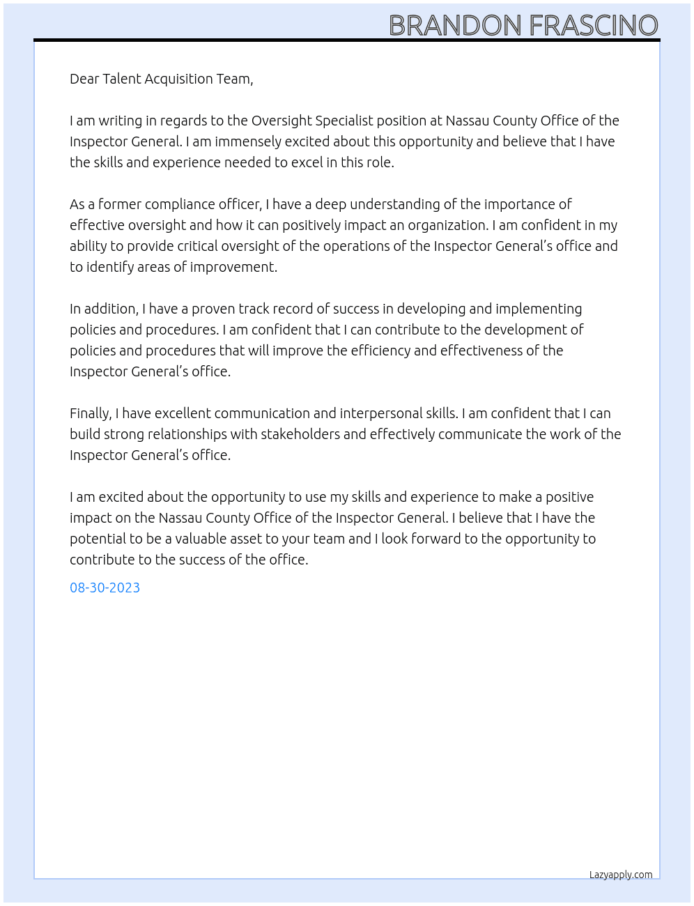 Oversight Specialist At Nassau County Office of the Inspector General Cover Letter