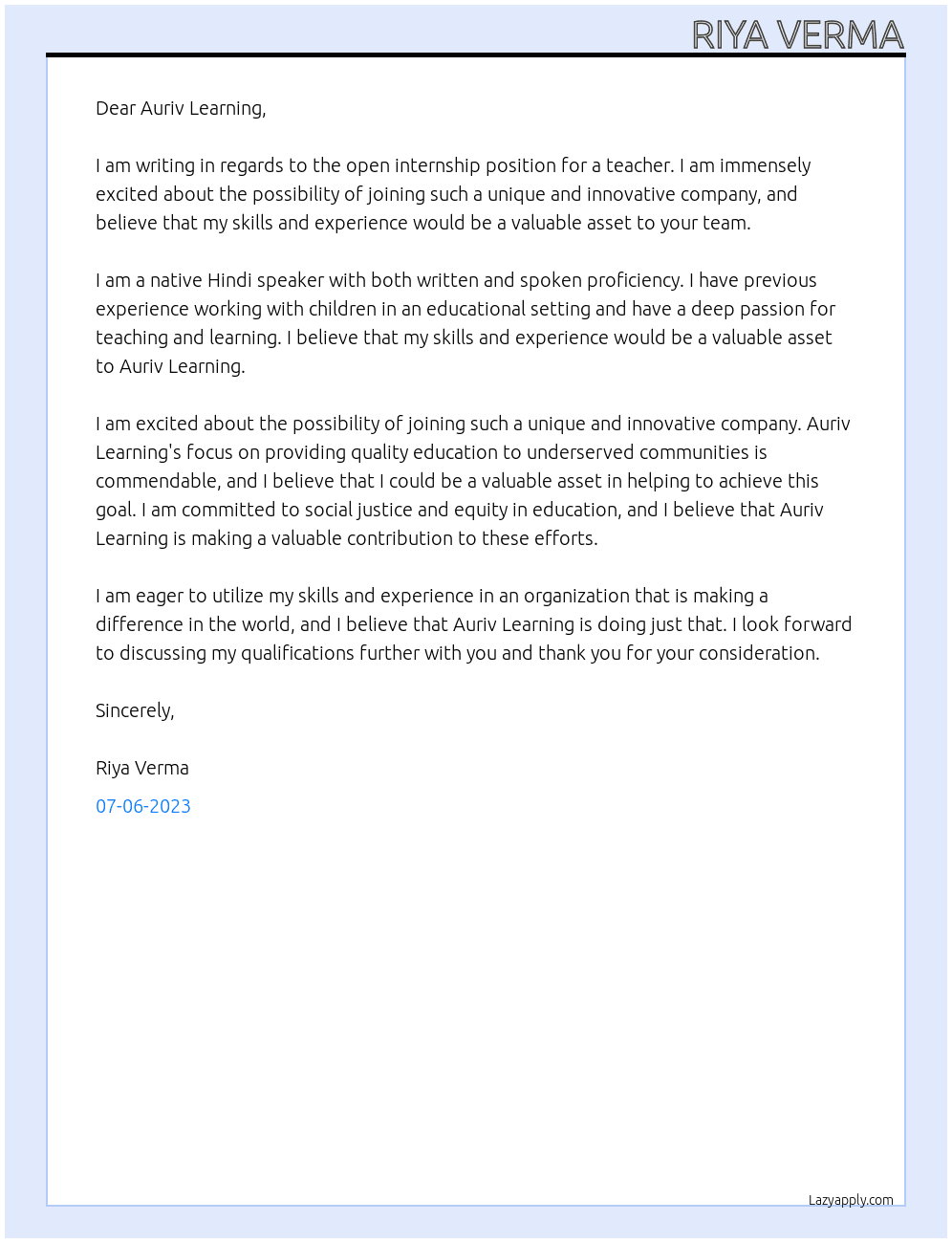 Teaching  At Auriv Learning Cover Letter