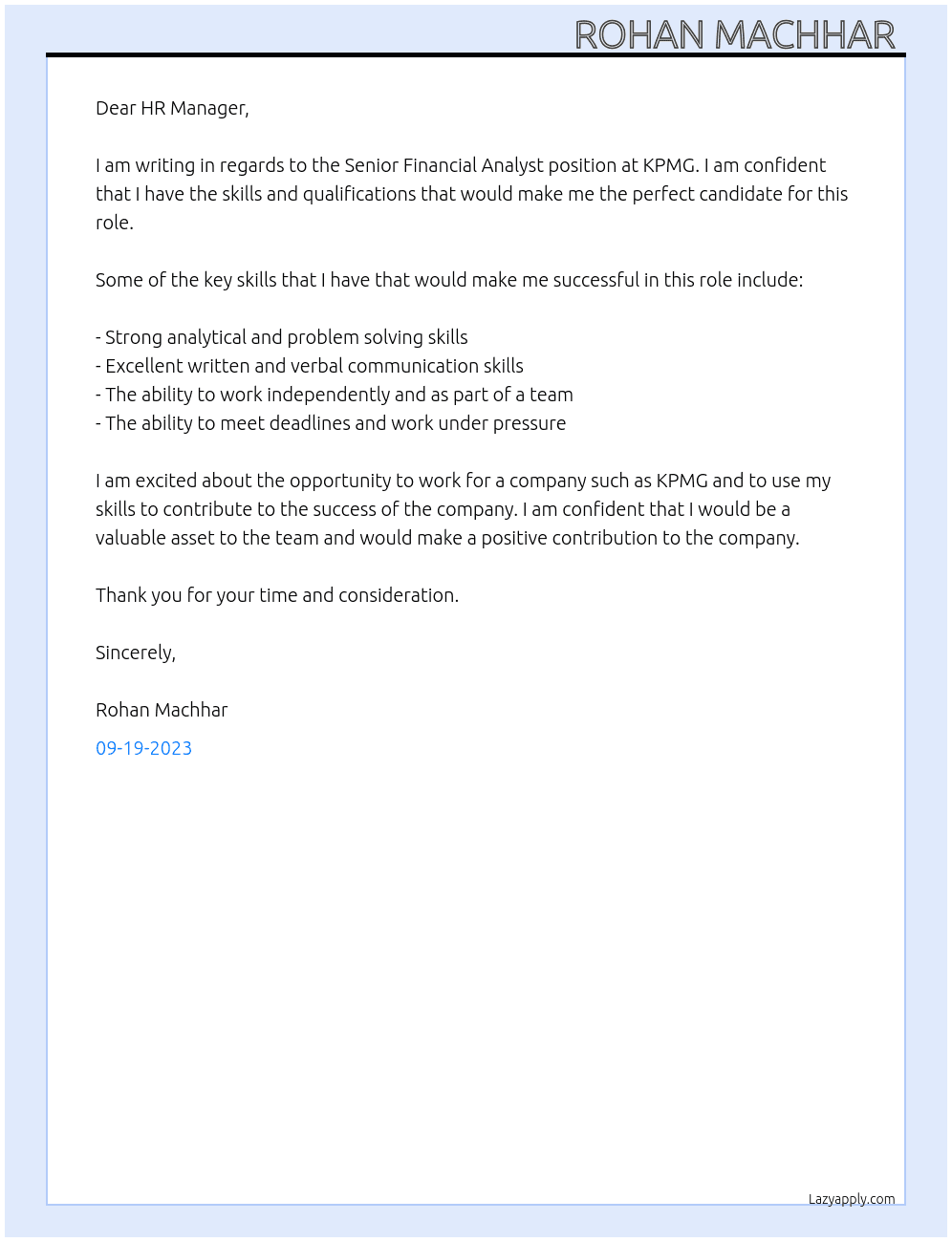 Senior Financial Analyst At KPMG Cover Letter