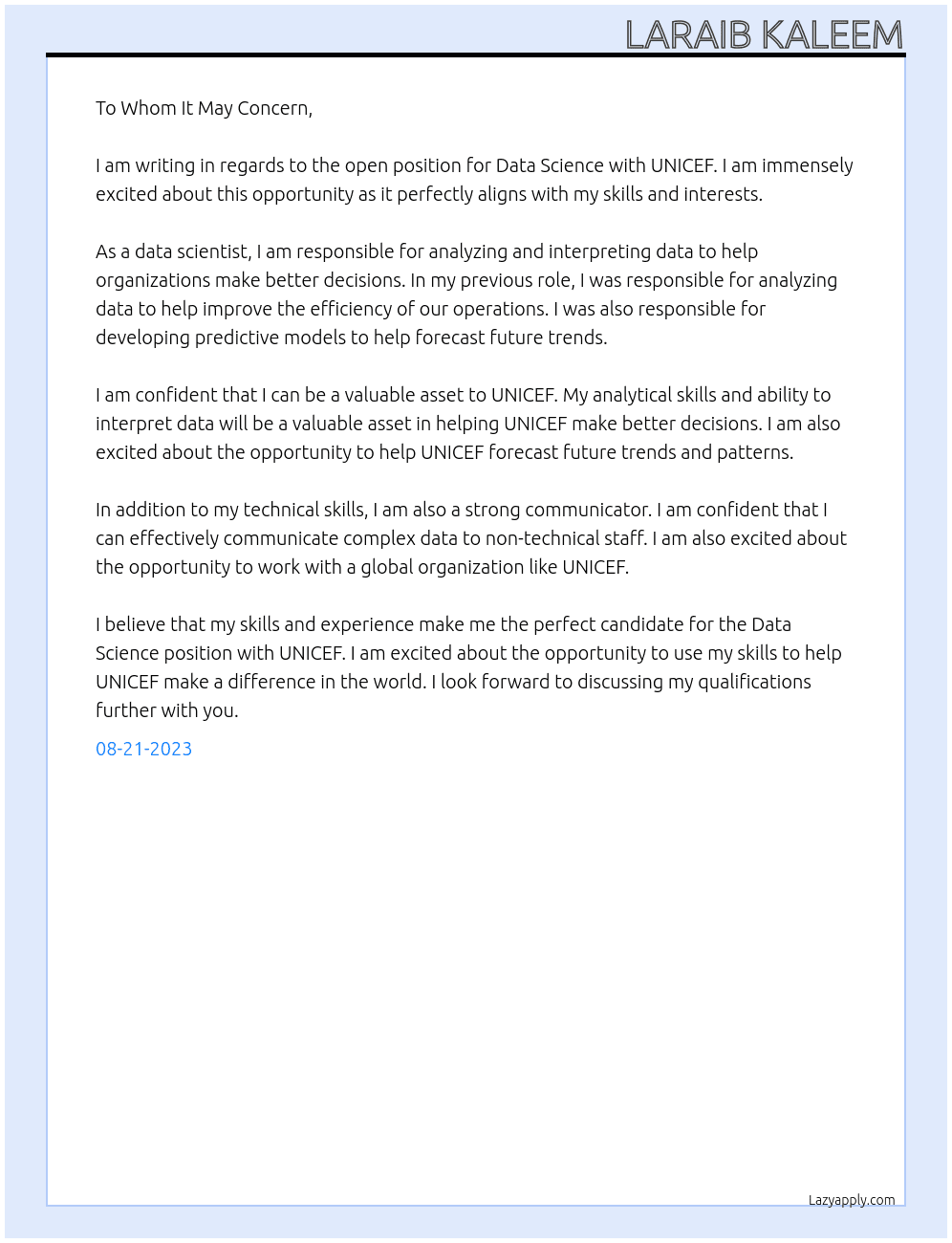 data science At unicef Cover Letter