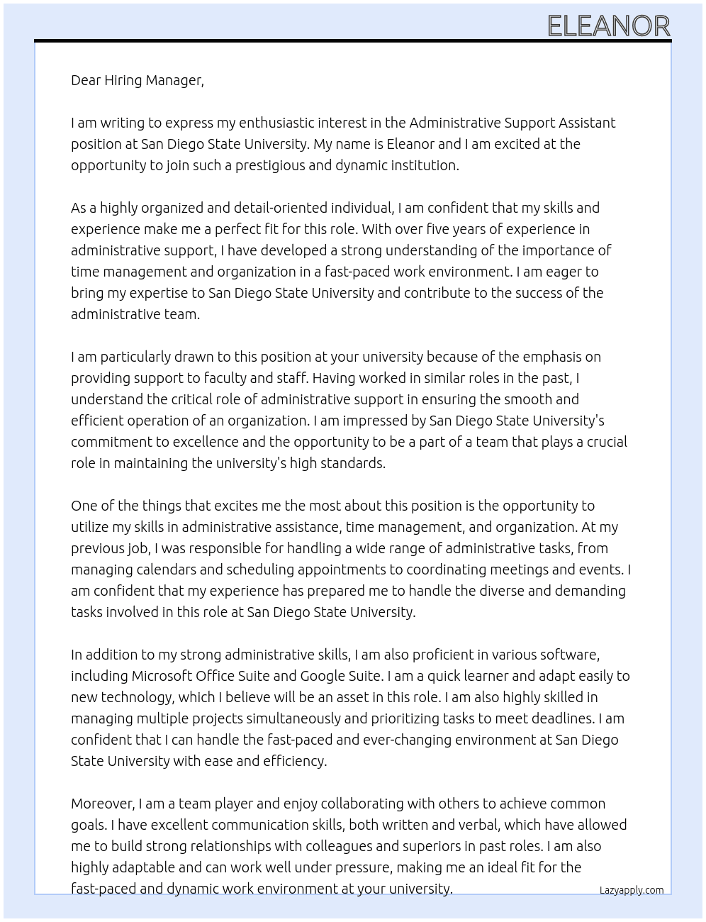 Administrative Support Assistant At San Diego State University Cover Letter