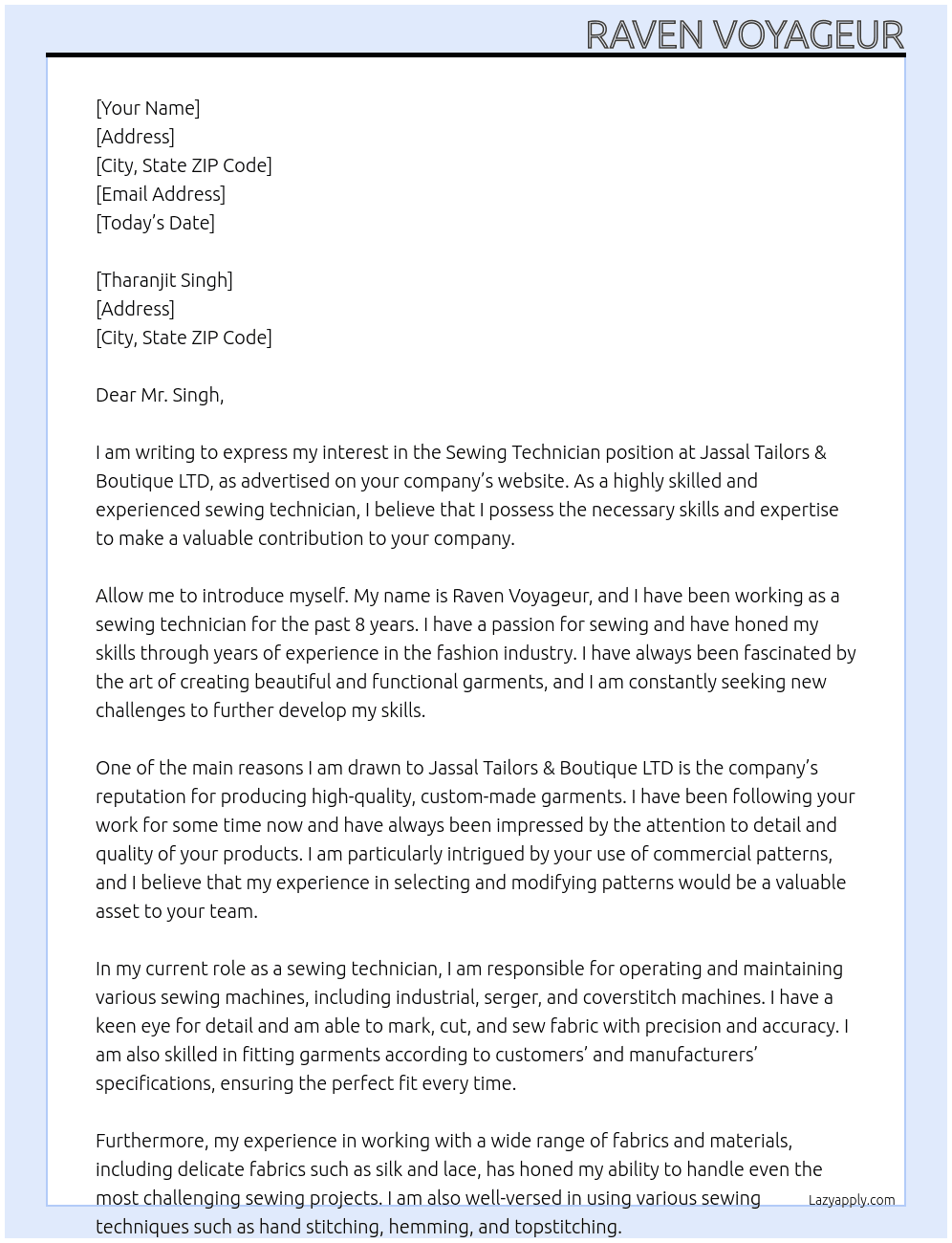 Sewing technician At Jassal Tailors & Boutique LTD Cover Letter