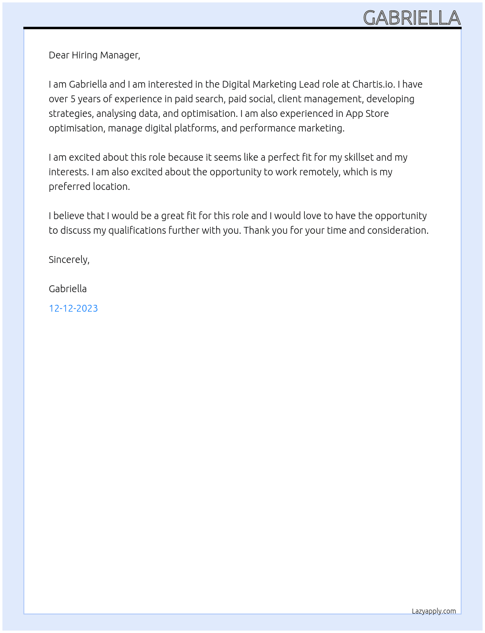 Digital Marketing Lead At Chartis.io Cover Letter